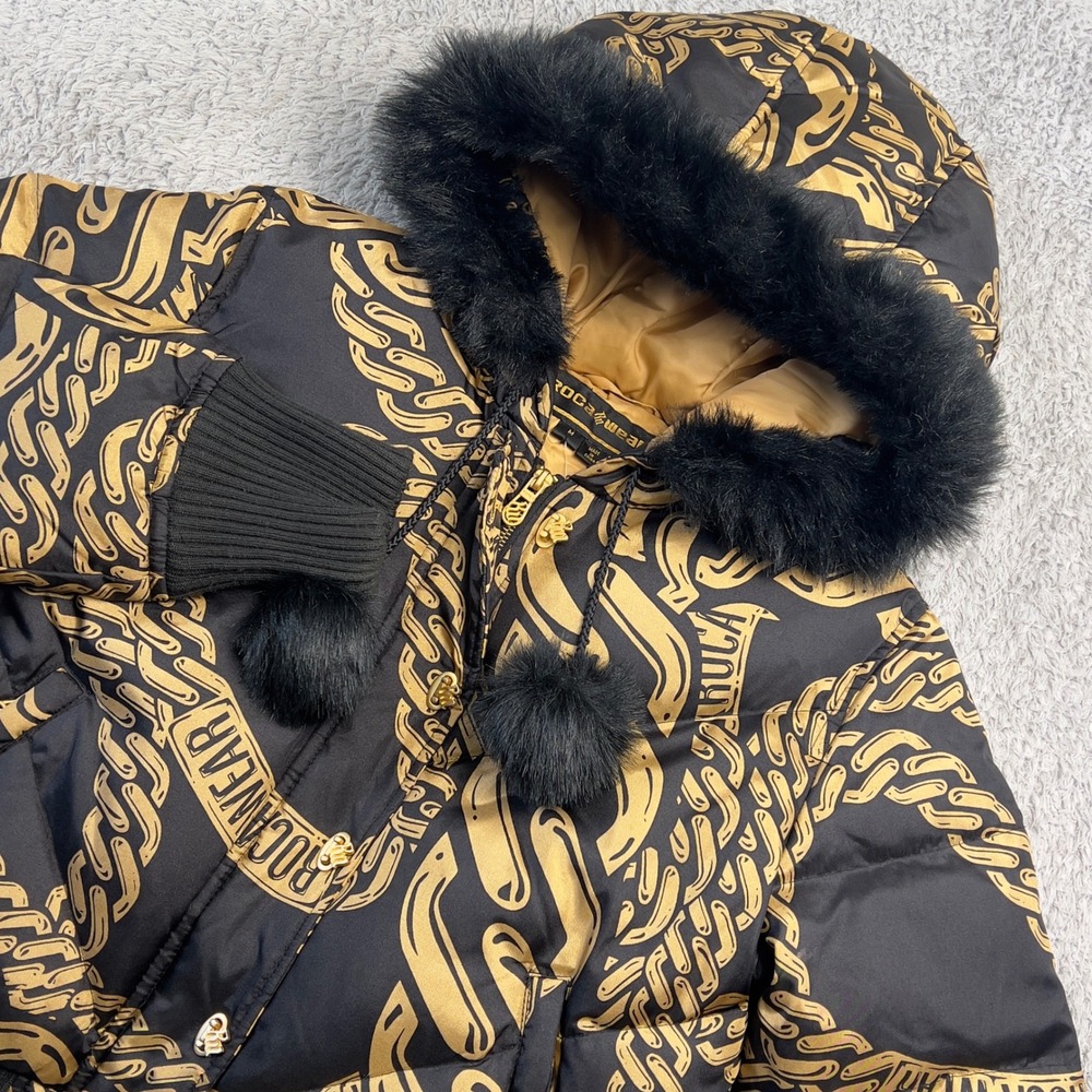 Vintage Rocawear Puffer Jacket Womens M Black Gold Chain AOP Y2K Fur Hood Down